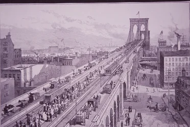 Brooklyn Bridge tuż po ceremonii otwarcia, opublikowany 26 maja 1883 (rycina)