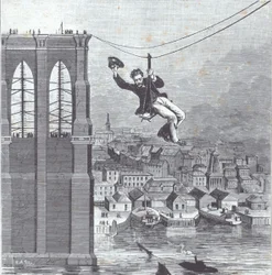 Most Brookliński w budowie; Pan Farrington, główny nadzorca budowy, jako pierwszy przekroczy przęsło między dwoma pylonami 25 sierpnia 1876 r. (Grawerowanie)