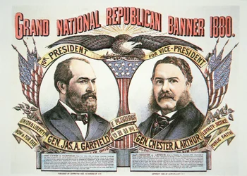 Plakat kampanii dla kandydata na prezydenta Jamesa A. Garfielda (1831-81) i kolegi, Chestera A. Arthura (1829-86) 1880 (kolor lito)