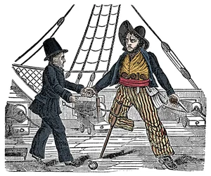 Kapitan Mackra i pirat mają drewnianą nogę Grawer z „Księgi własnej piratów” XIX w.