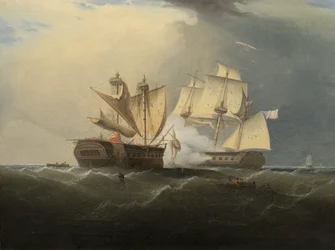 Przechwytywanie H.M.S. Macedoński przez amerykańską fregatę Stany Zjednoczone, według Thomasa Bircha, 1813