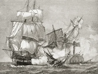 Zdobycie Guerriere przez konstytucję z 19 sierpnia 1812 r., z „Krótkiej historii Stanów Zjednoczonych”, opublikowanej przez A. S. Barnes und Co. w 1885 r.