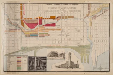 Mapa Chicago Terminal Transfer Railroad Co. przedstawiająca własność linii kolejowych w centrum biznesowym Chicago, ok. 1898 r.
