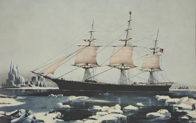 Clipper Ship, Red Jacket - W lodzie u wybrzeży Przylądka Horn, w drodze z Australii do Liverpoolu, sierpień 1854, wyd. 1855, Kurier i Ives