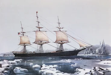 Clipper Ship Red Jacket w lodzie w pobliżu Przylądka Horn w drodze z Australii do Liverpoolu, opublikowana przez Currier und Ives, 1854