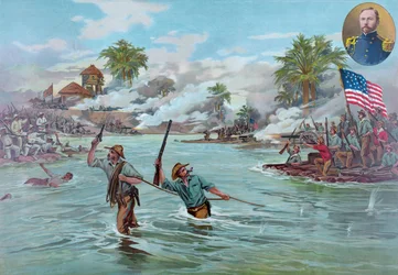 płk A.S. Funston i 20 Ochotnicy z Kansas przekraczający rzekę w Calumpit, 26 kwietnia 1899, wyd. 1899 (członkowie kolorowi)