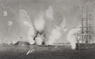 Walka między Konfederackim CSS Virginia (po lewej) i Union USS Monitor (w środku) 9 marca 1862 w Hampton Roads, Virginia (szczegóły patrz 254609)