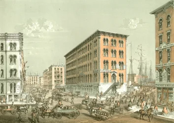 Corner of Clark and South Water Street, z Chicago Illustrated, z opisami literackimi Jamesa W. Sheahana, opublikowanymi przez Jevne & Almini, Chicago, 1866-67