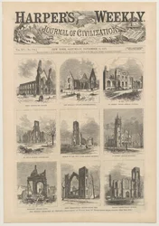 Okładka Harpers Weekly przedstawiająca sceny zrujnowanych kościołów w Chicago, 11 listopada 1871 r