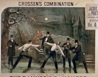Pojedynek w śniegu, plakat do The Bankers Daughter, z udziałem Crossens Combination w Jacobs & Procter Opera House