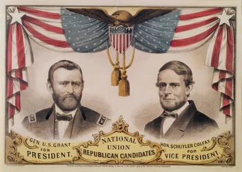 Plakat wyborczy na wybory prezydenckie w USA w 1868 roku, przedstawiający Ulyssesa S. Granta i Schuylera Colfaksa, 1868