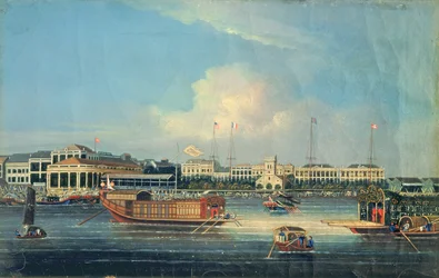 Fabryki w Canton, z portu, Chiny, 1850