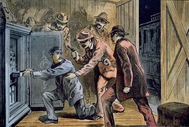 Frank i Jesse James Gang rabują wagon ekspresowy pociągu w 1879 r. (kolor lito)