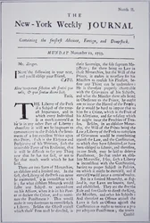 Pierwsza strona New-York Weekly Journal omawiająca wolność prasy