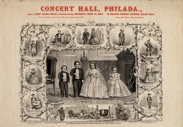 Gen. Tom Thumb i żona, kom. Nutt i panna Minnie Warren, wyd. autorstwa Currier i Ives, 1863