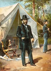 Generał Ulysses S Grant stojący przed swoim namiotem podczas wojny secesyjnej, pub. 1892