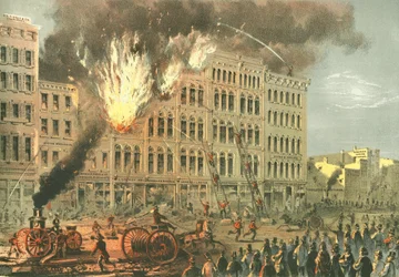 Great Fire on Lake Street, z Chicago Illustrated, z opisami literackimi Jamesa W. Sheahana, wyd. Jevne & Almini, Chicago, 1866-67