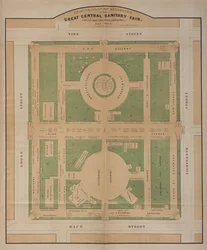 Plan budynków Wielkich Centralnych Targów Sanitarnych, Logan Square, czerwiec 1864 r. (kolorowa litografia)