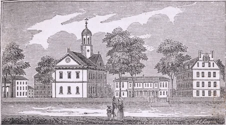Harvard University, Cambridge, z „Historical Collections of Massachusetts” Johna Warnera Barbera, 1839