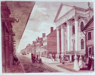 Główna ulica z pierwszym kościołem prezbiteriańskim, Filadelfia, 1799