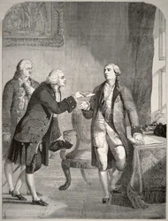 John Adams (1735-1826) jako pierwszy amerykański ambasador na dworze angielskim, przedstawiając swoje listy uwierzytelniające królowi Jerzemu III (1738-1820) (litografia)