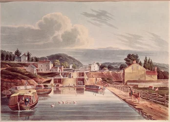 Skrzyżowanie Erie i Kanału Północnego, grawerowane przez J. Hilla, ok. 1830-32