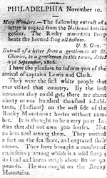 List zapowiadający przybycie kapitanów Lewisa i Clarka z The Boston Intelligencer, 19 listopada 1806 (druk)