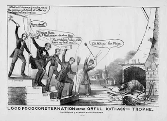 Konsternacja Loco Foco, czyli straszliwa kot-astrofa, opublikowane przez H. R. Robinson, Nowy Jork, około 1838