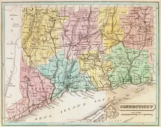 Mapa Connecticut, z „Zbiorów historycznych Connecticut” Johna Warnera Barbera, 1856