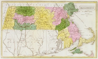 Mapa Massachusetts, z „Historical Collections of Massachusetts”, autorstwa Johna Warrena Barbera, 1839