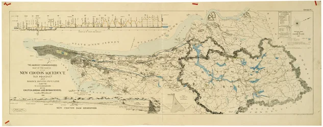 Mapa nowego akweduktu Croton, starego akweduktu i rurociągu Bronx River, a także zlewni Croton, Bronx