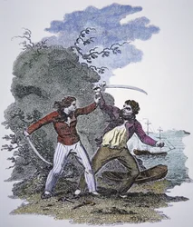 Mary Read walczy z innym piratem, aby ocalić życie swojego kochanka (kolorowy grawerunek)