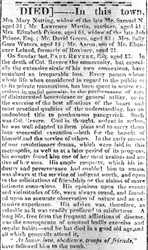 Strona nekrologu z Boston Intelligencer, 16 maja 1818 (druk)