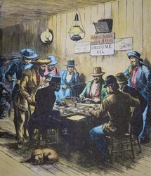 Gra Faro w salonie w Cheyenne, Wyoming, ok. 1870 (kolorowy grawerunek)