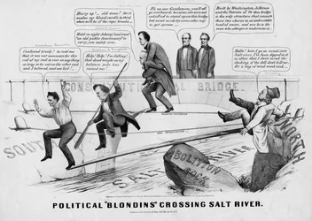 Polityczne Blondynki przekraczające Salt River, wydane przez Currer & Ives, Nowy Jork, 1860