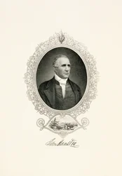 Portret Sama Houstona z widokiem na miasto, ca. 1855-c. 1860 (stalowy grawerunek na papierze tkanym)