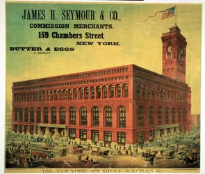 Plakat reklamujący James H. Seymour & Co. Commission Merchants w New York Produce Exchange, grawerowany przez Sacketa, Wilhelmsa i Betziga, c.1885