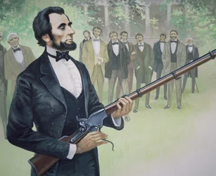 Prezydent Abraham Lincoln oddał strzały próbne z siedmiostrzałowego repetytora Spencera w sierpniu 1863 r. (kolor lito)