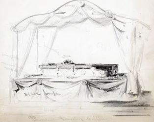 Trumna prezydenta Abrahama Lincolna leżąca w stanie w Białym Domu, Waszyngton, kwiecień 1865 (ołówek, tusz i pranie na papierze)