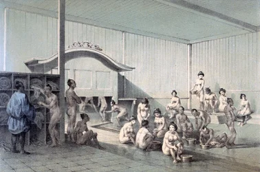 Łaźnia publiczna w Simoda, 1856 (kolorowa akwatinta)