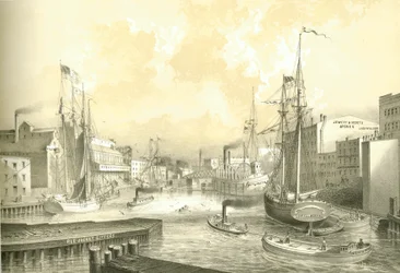 Rush Street Bridge, View from State Street, z Chicago Illustrated, z opisami literackimi Jamesa W. Sheahana, wyd. Jevne & Almini, Chicago, 1866-67