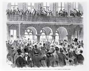 Spotkanie secesyjne przed Mills House, Meeting Street, Charleston, Karolina Południowa, ok. 1860 (rycina) (zdjęcie czarno-białe)