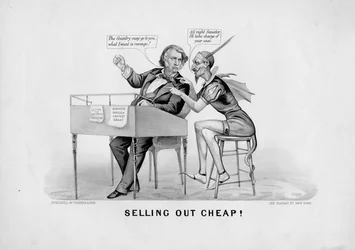 Wyprzedaż tanio!, wydana przez Currier & Ives, Nowy Jork, ok. 1870 r.