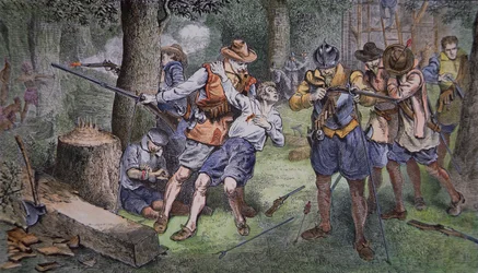 Osada Jamestown, Virginia w 1607 (kolorowe grawerowanie)