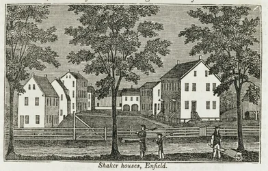 Domy Shaker w Enfield, z „Zbiorów historycznych Connecticut”, Johna Warnera Barbera, 1856