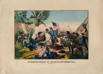 Kawaleria Sheridans w bitwie o Wzgórze Rybaków (Dolina Shenandoah), wyd. przez Currier i Ives, c.1864