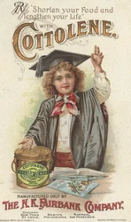 Skróć swoje jedzenie i wydłuż swoje życie, reklama Fairbanks Cottolene, 1896