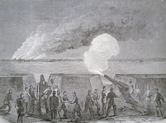 Oblężenie Charleston, miasta płonącego pod bombardowaniem, 3 stycznia 1864, z tygodnika Harpera (grawerowanie)