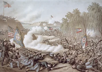 Bitwa pod Koryntem, 3-4 października 1862, pokazująca flagi Północy i Południa, Kurz & Allison (kolor lito)