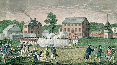 Bitwa pod Lexington, 19 kwietnia 1775, z „Connecticut Historical Collections”, autorstwa Johna Warnera Barbera, grawerowane przez A. Doolittle, 1832
